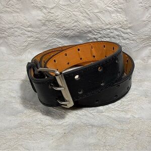 Black Genuine Leather Two Prong Work Belt Men's Size XXL 46-48 w Silver Tone